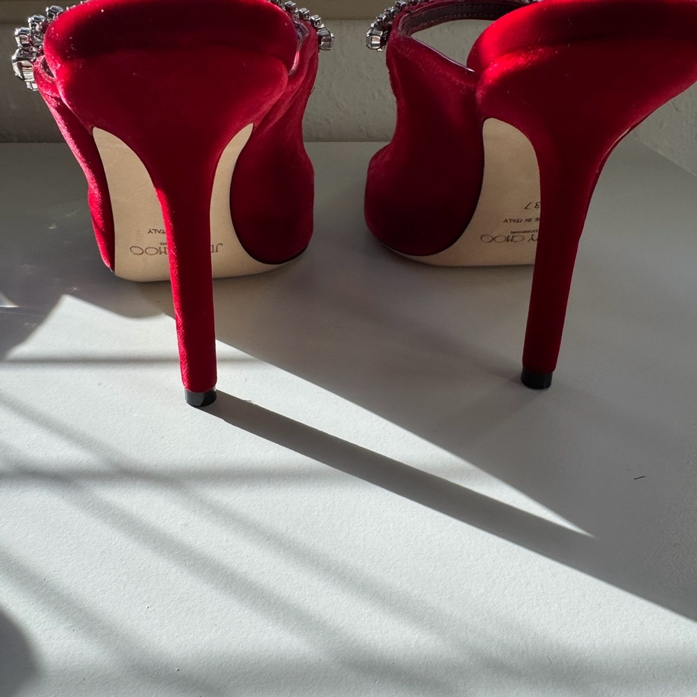 Jimmy Choo Red Velvet Heels with Crystal Embellishments - Picture 3 of 7